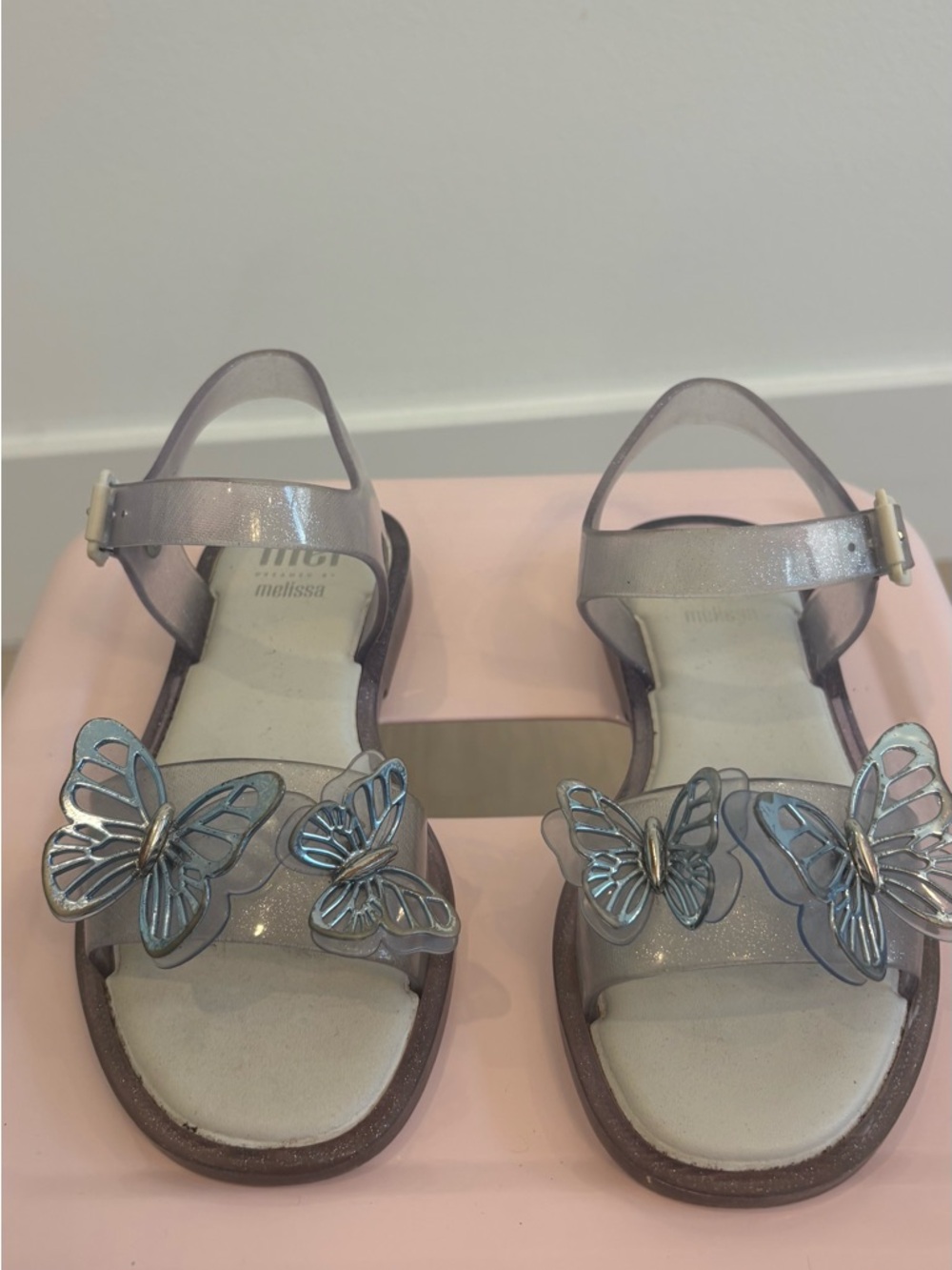 Melissa Girls' Shimmery Lilac Sandals with Metallic Blue Butterfly Accents